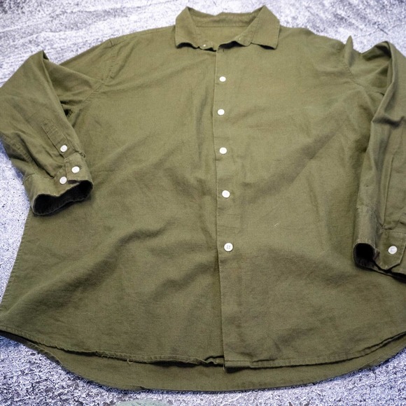 Mens Shirt XL Green Linen Button Down Long Sleeve Outdoors Minimalist Layer - Picture 1 of 16